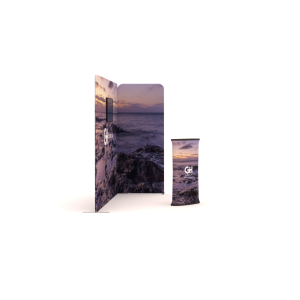 L shape fabric display 3m x 1m with TV mount and counter