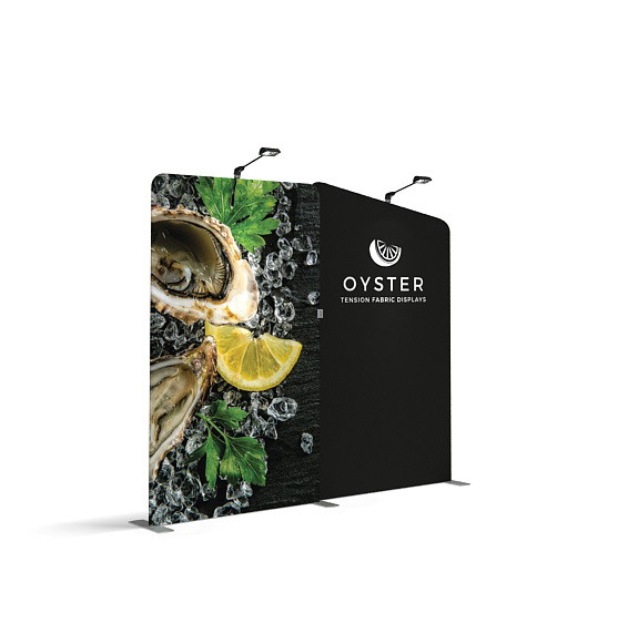 Twin fabric display stands with one sloped side